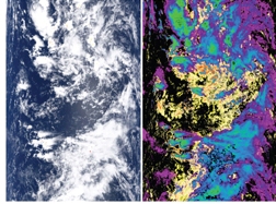  משמאל: תצלום לוויין מעל האוקיינוס האטלנטי. מימין: מיפוי ממוחשב של אותה גזרה. הצבעים החמים מייצגים עננים המורכבים מטיפות-מים זעירות. הצבעים הקרים מייצגים עננים מעובים המורכבים מגבישי קרח.